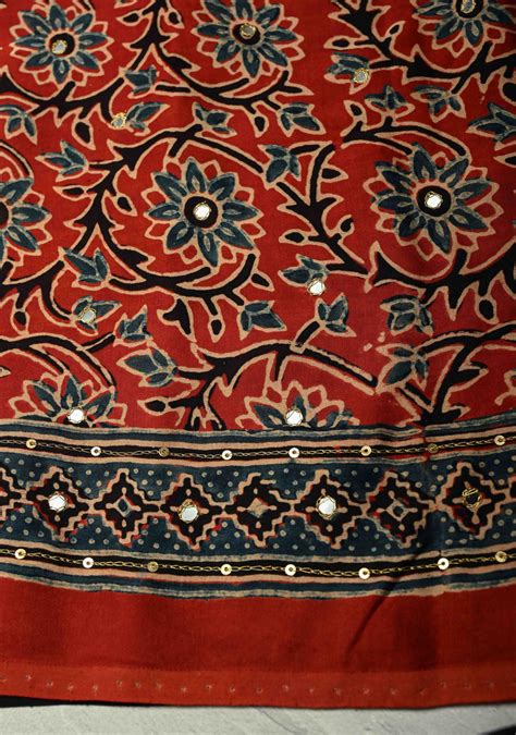 Black Ajrakh Hand Block Print on Modal Silk Saree with Aari-Mirror Wor ...