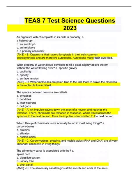 ATI TEAS 7 Test Science Questions And Answers. Latest 2023 - TEAS 7 ...