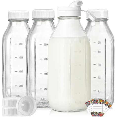Liter Glass Milk Bottles w Scale, 100% Airtight Heavy Duty Screw Lid ...