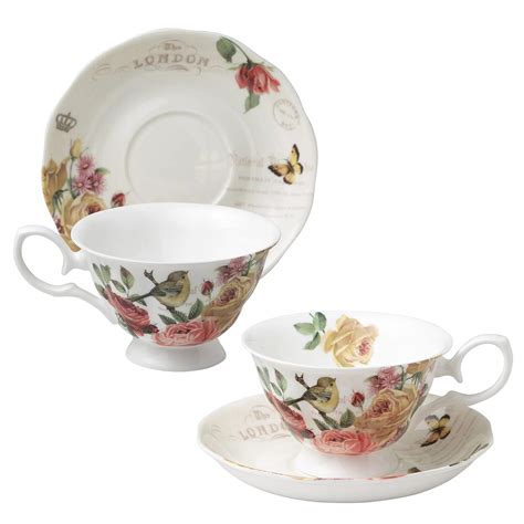 Gracie Bone China Roses Butterfly Bird Teacup And Saucer 8-Ounce (Set ...