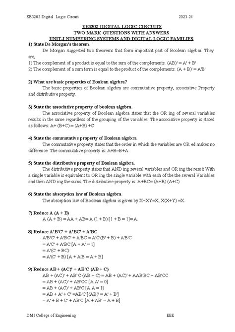 EE3302 Digital Logic Circuits: Two Mark Questions & Answers Summary ...