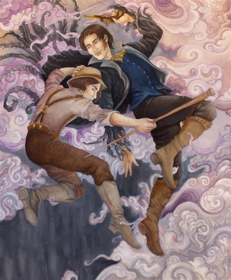 two people flying through the air on top of clouds