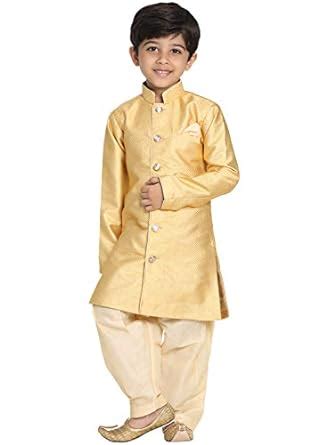 Buy JBN Creation Boys' Light Yellow Silk Blend Sherwani and Patiala ...