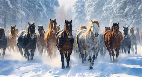 Horses Galloping In Snow
