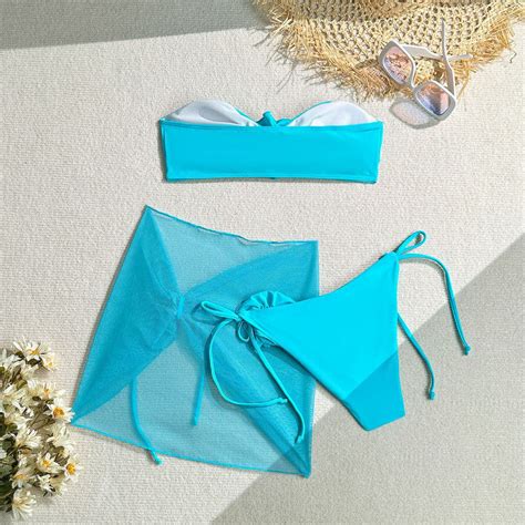 3D Flowers Bandeau Bikini with Sarong Sky Blue – The Curvves