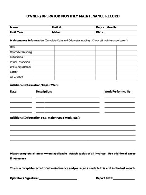 Canada Portage Transport OwnerOperator Monthly Maintenance Form - Fill ...