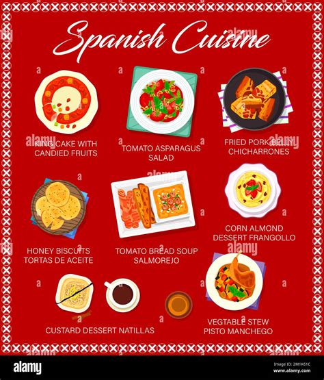 Spanish cuisine restaurant menu page. King cake, tomato asparagus salad ...