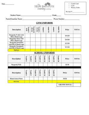 Fillable Online hopeinstitutelearningacademy GYM UNIFORMS ...