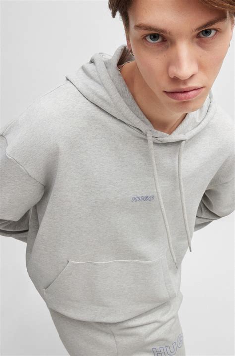 HUGO - Cotton-terry hoodie with outline logos - Light Grey