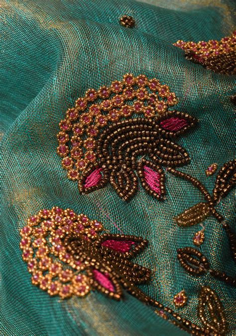 Hand Beadwork on Tissue Linen Saree in Blue with Gold Tissue – Shobitam ...