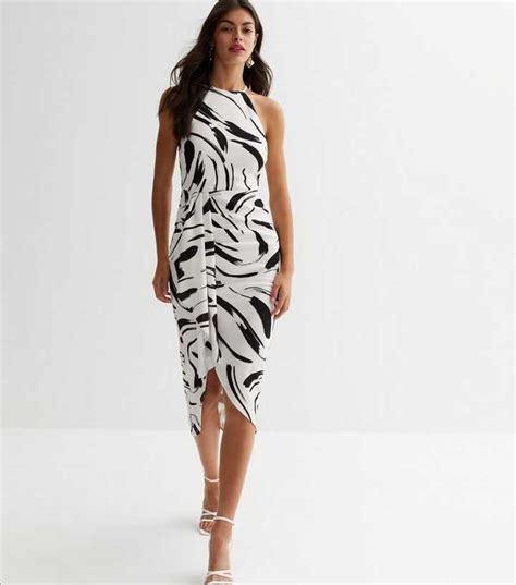 White Abstract Ruffle Wrap Midi Dress | New Look