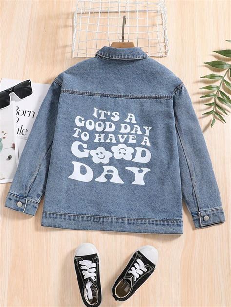 Tween Girl Slogan Graphic Flap Detail Denim Jacket | SHEIN EUR