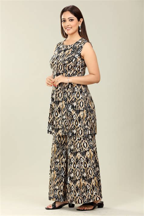 Black & Beige Rayon Straight Printed Kurta Palazzo Suit Set – Cotton ...