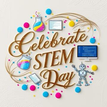 Elegant celebrate stem day festive script with confetti stem icons ...