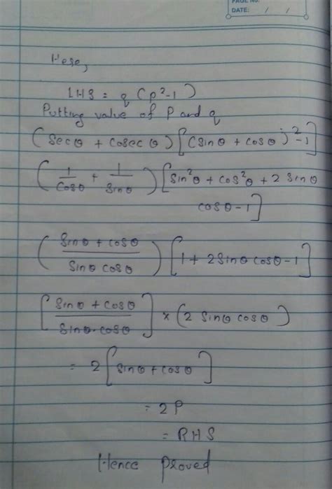 if sin theta + cos theta equal to P and secant theta + cosec theta ...