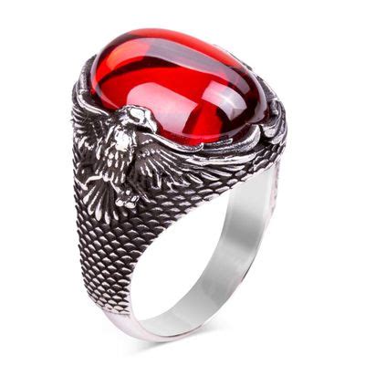 Red Stone Silver Men's Ring with Rising Eagle