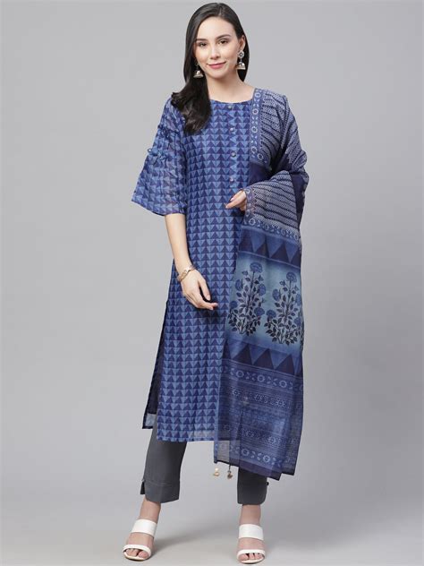 WHKPsize Chanderi Silk Stitched Suit with Digital Indigo & Indie Print ...