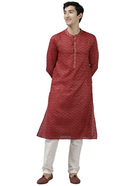 See Designs Men Maroon & Beige Woven Design Thread Work Kurta with ...