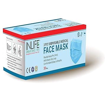 INLIFE 3ply Non Woven Disposable Face Mask for Pollution with Nose Pin ...