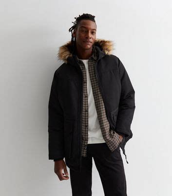 Jack & Jones Black Faux Fur Trim Hooded Parka Jacket | New Look