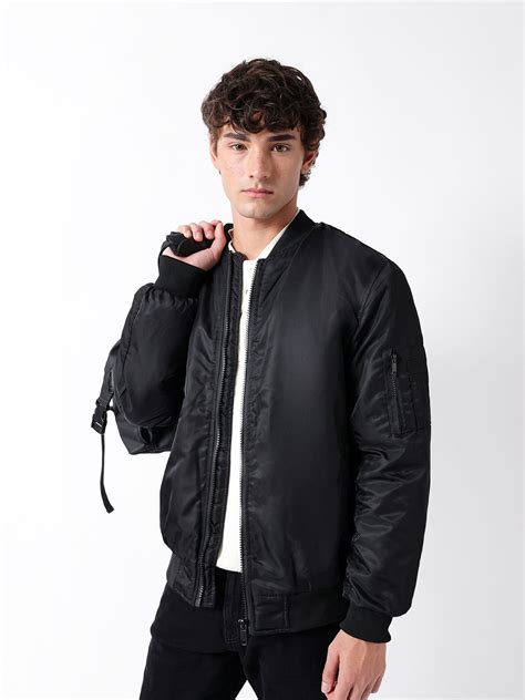 Shop Black Bomber/Quilted Jacket with Mock Neck and Utility Sleeve ...