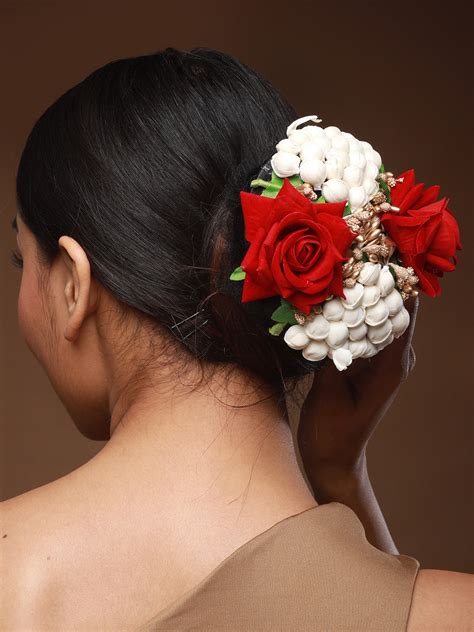 Women Red Rose & White Mogra Embellished Artificial Flower Gajra Desig
