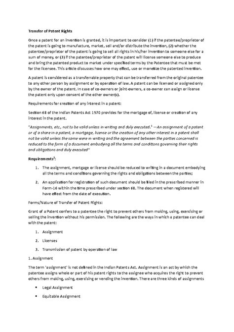 Internals - Patent Law - Q4 - Transfer of Patent Rights Once a patent ...