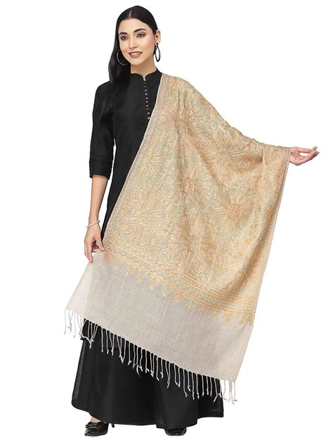 Anekaant Crewel Taupe & Champagne Embroidered Floral Polywool Stole