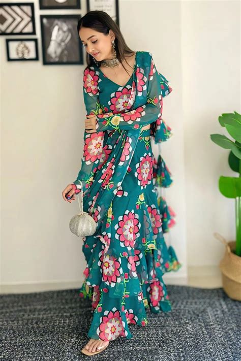 Flower Print Ruffle Ready To Wear Lehenga Saree - Anaya Designer Studio
