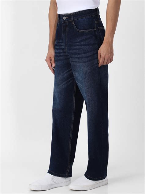 Men's Dark Blue Loose Baggy Fit Washed Jeans Non-Stretchable – Urbano ...