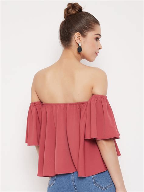 Berrylush Women Solid Rose Pink Off-Shoulder Neck Ruffled Crop Bardot