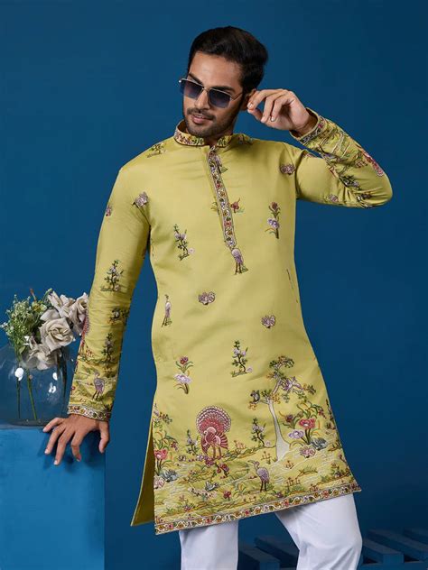 Traditional Occasion Wear Yellow Viscose Silk Kurta for Men - VJV Now ...