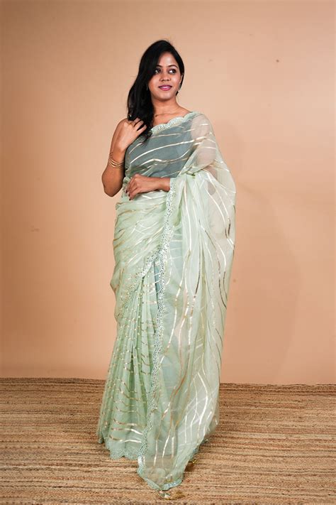 Pastel Green Organza Saree with Mirror Scallop Border – Loomera