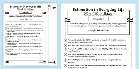 Estimation in Everyday Life - Word Problems Worksheet