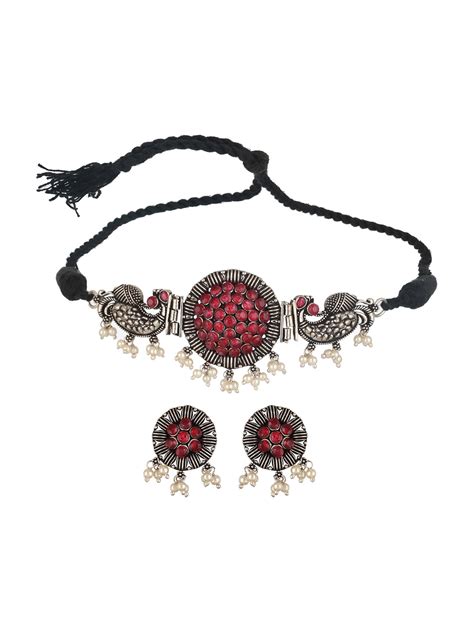 Silver Plated Red Stone Studded & Pearl Beaded Oxidised Peacock Shaped