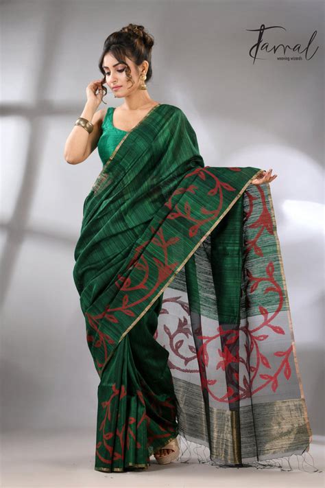 Bottle Green Matka Silk Handwoven Jamdani Saree with Needle Work ...