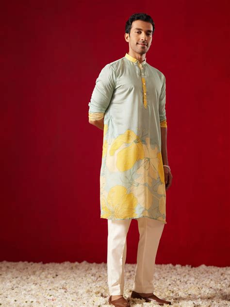 Men's Yellow Printed Cotton Kurta Pant Set | VASTRAMAY – vastramay