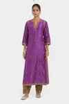 Buy Fuchsia Chanderi Silk Embroidery, Sequins, Beads Round Neck, Split ...