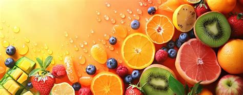 Design a template with an arrangement of colorful fruits leaving ...