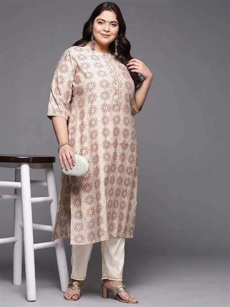Buy Plus Size Peach Printed Silk Straight Kurta Online at Rs.779 | Libas