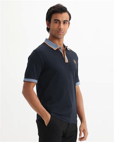 Rare Rabbit Men's Lark Navy Cotton Plain Regular Fit Half Sleeve Polo
