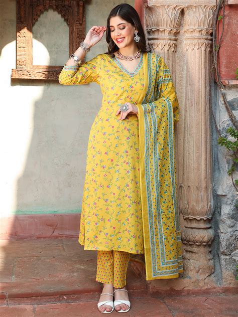 Cotton Calf Length Printed Straight 3/4 Sleeves V-neck Kurta Bottom Du ...