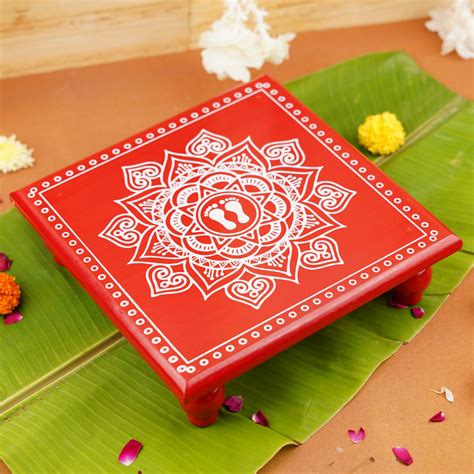 Red Aipan Wooden Pooja chowki 11 x 11 Inch – ServDharm