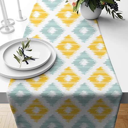 Buy STITCHNEST Ikat Yellow Teal Printed Poly Cotton Table Runner and ...