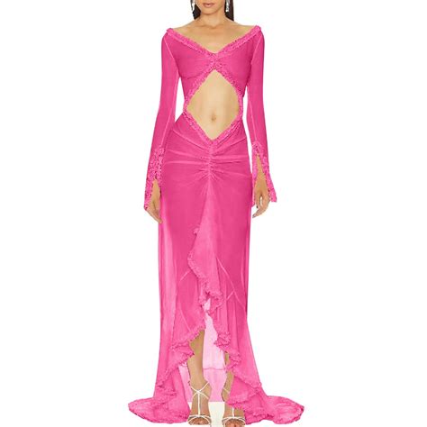 Lovskoo Women's Maxi Dress Ruffle Hem High Slit Dress Long Sleeve Cut ...