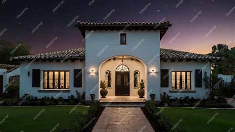 Front view of a stunning Spanish style house in white and black ...