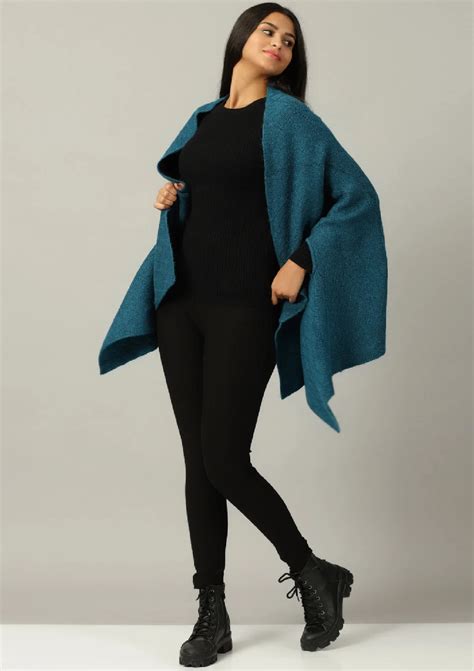 Women Poncho - Buy Blue Knitted Poncho Shrug Online | IshqMe