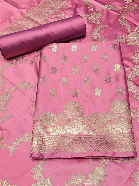 Banarasi Satin Silk Dress Material with Floral Rose Zari Weave & Tasse ...
