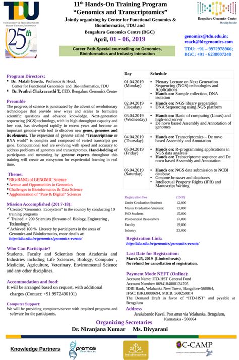 11th Hands-on Training Genomics and Transcriptomics | 01-06 April 2019