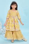 Buy Yellow Cotton Piping Floral Print Front Slit Kurta And Sharara Set ...